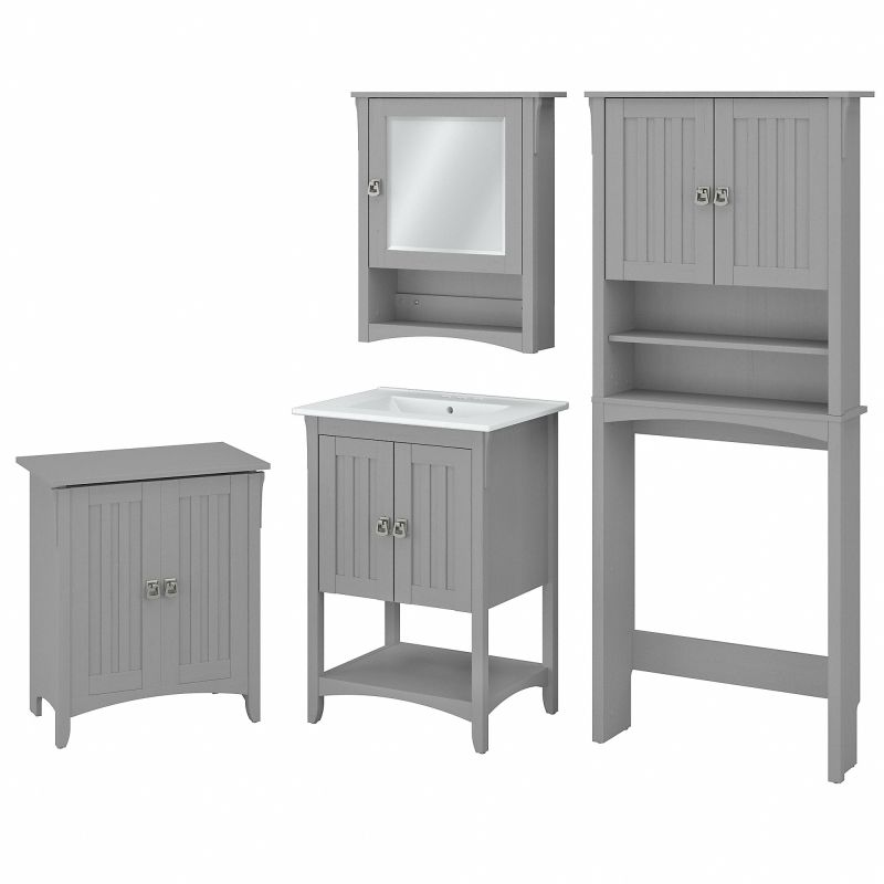 Bush Furniture Salinas 24W Bathroom Vanity Sink with Mirror, Over The Toilet Storage Cabinet and Laundry Hamper in Cape Cod Gray