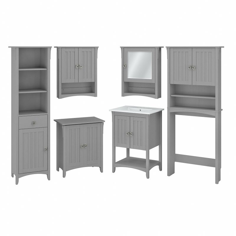 Bush Furniture Salinas Farmhouse Bathroom Set with 24W Vanity, Medicine Cabinet and Storage in Cape Cod Gray