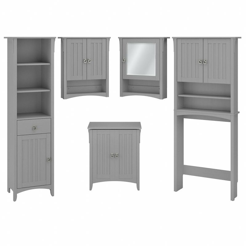 Bush Furniture Salinas Farmhouse Bathroom Storage Set with Cabinets, Mirror, Hamper and Shelf in Cape Cod Gray