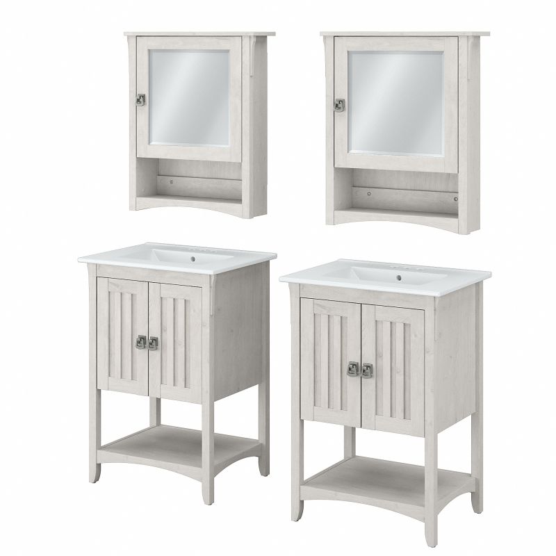 SAL032LW Bush Furniture Salinas 48W Double Vanity Set with Sinks and Medicine Cabinets in Linen White Oak