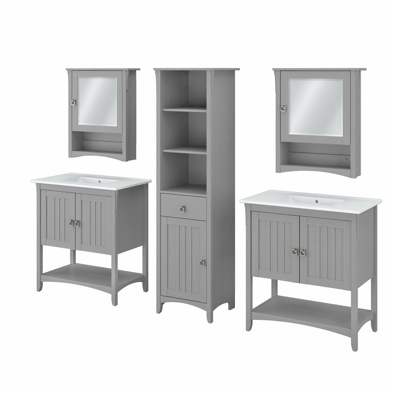 Bush Furniture Salinas 64W Double Vanity Set with Sinks Medicine Cabinets and Linen Tower in Cape Cod Gray