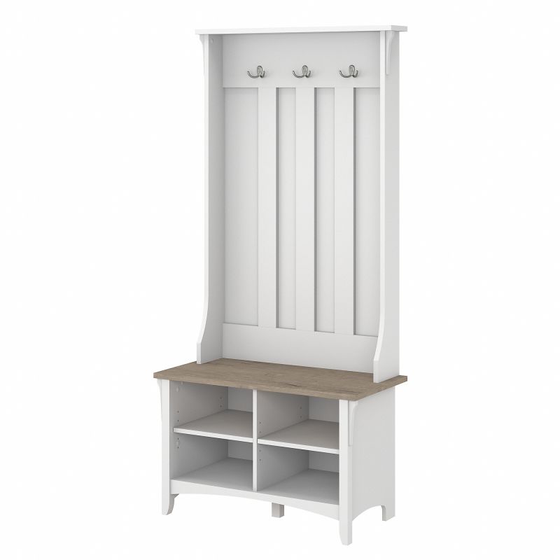 Bush Furniture Salinas Hall Tree with Shoe Storage Bench in Pure White and Shiplap Gray