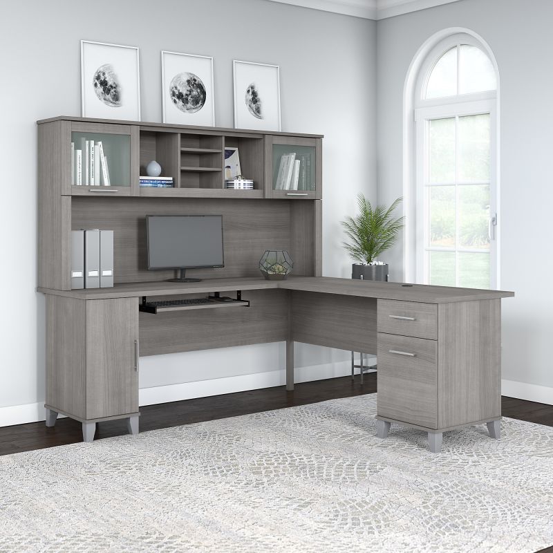 SET001PG 72W L Shaped Desk with Hutch in Platinum Gray
