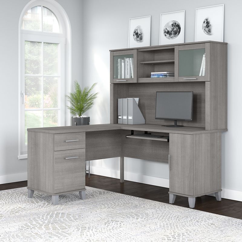 SET002PG 60W L Shaped Desk with Hutch in Platinum Gray