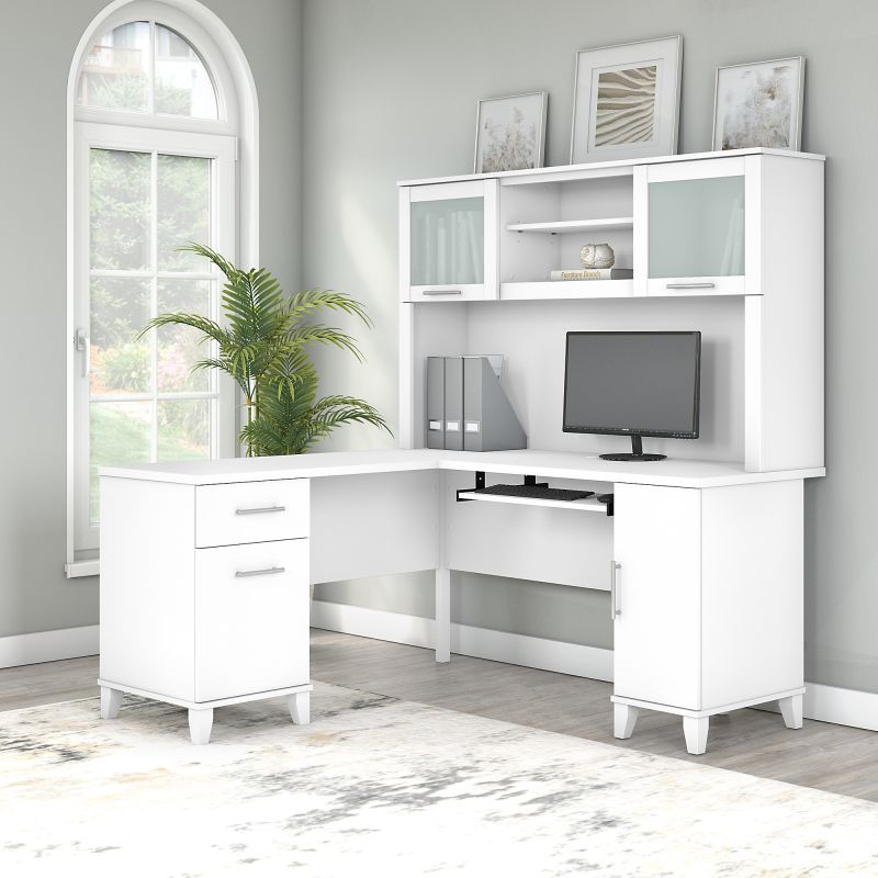 SET002WH 60W L Shaped Desk with Hutch in White