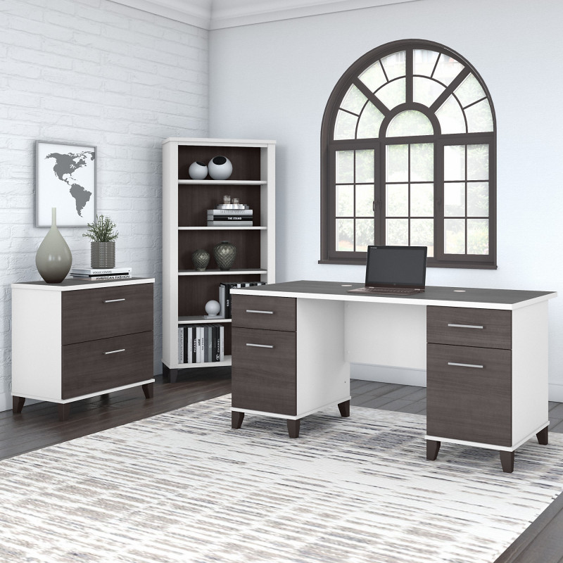 SET013SGWH Bush Furniture Somerset 60W Office Desk with Lateral File Cabinet and 5 Shelf Bookcase in White and Storm Gray