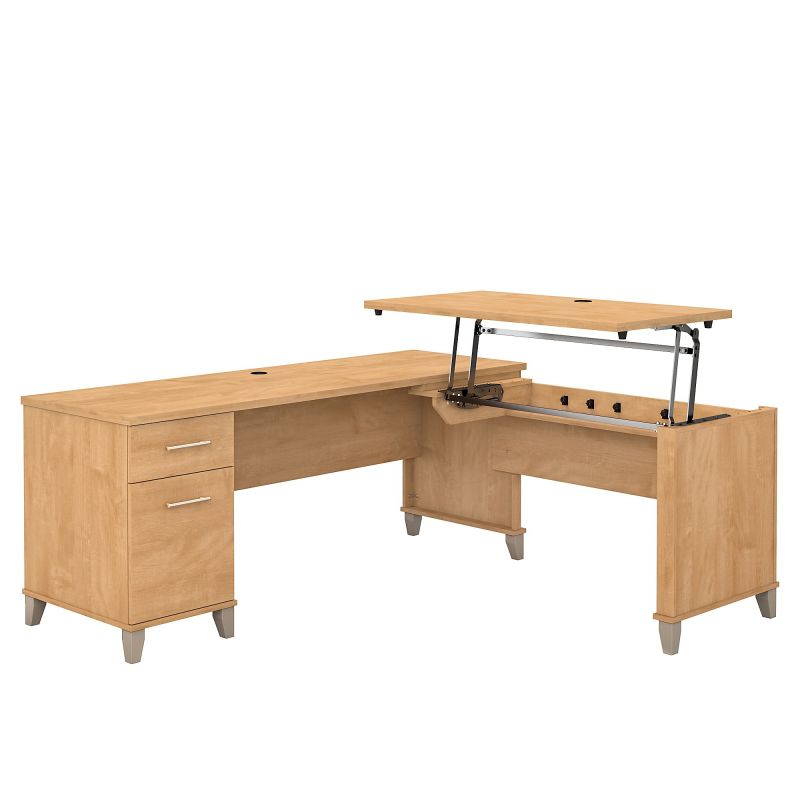SET014MC 72W 3 Position Sit to Stand L Shaped Desk in Maple Cross