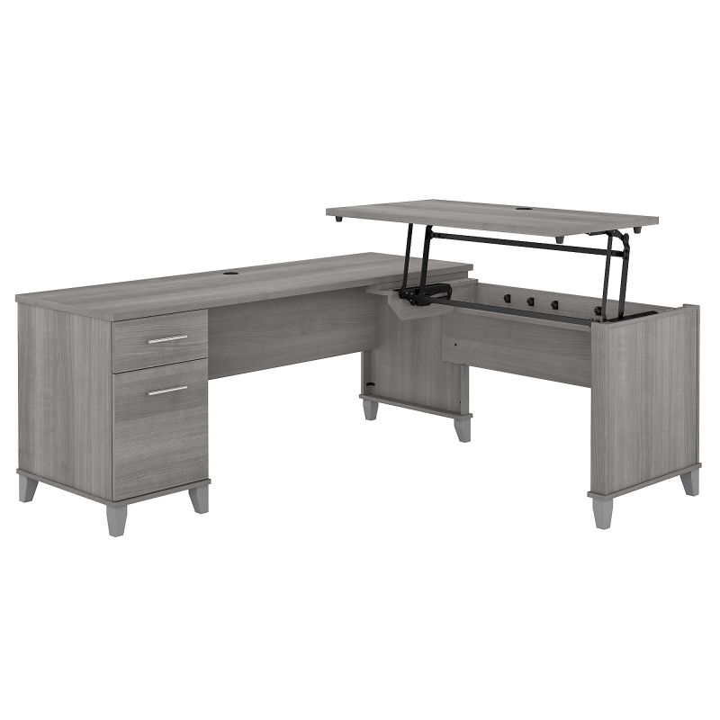 72W 3 Position Sit to Stand L Shaped Desk in Platinum Gray