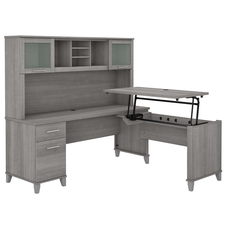 72W 3 Position Sit to Stand L Shaped Desk with Hutch in Platinum Gray