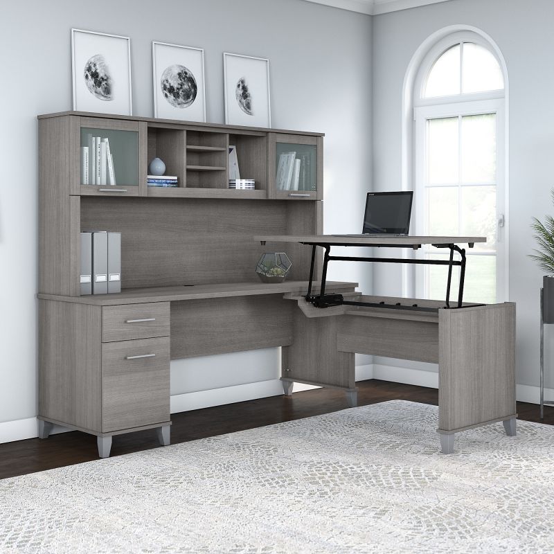 SET015PG 72W 3 Position Sit to Stand L Shaped Desk with Hutch in Platinum Gray
