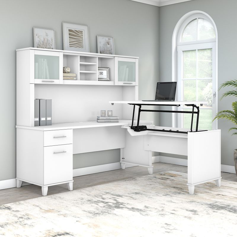 SET015WH 72W 3 Position Sit to Stand L Shaped Desk with Hutch in White