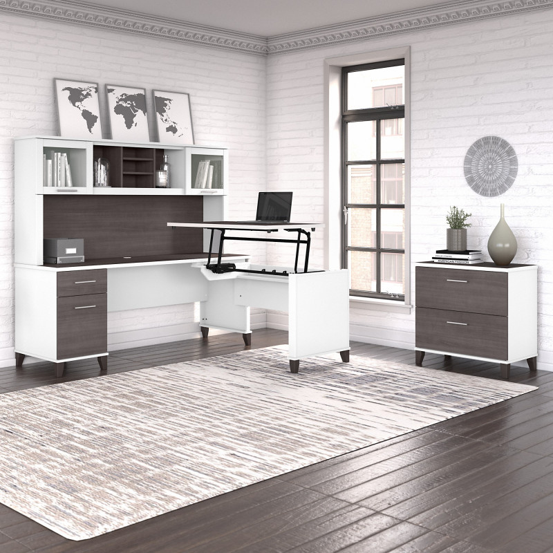 SET016SGWH Bush Furniture Somerset 72W 3 Position Sit to Stand L Shaped Desk with Hutch and File Cabinet in White and Storm Gray