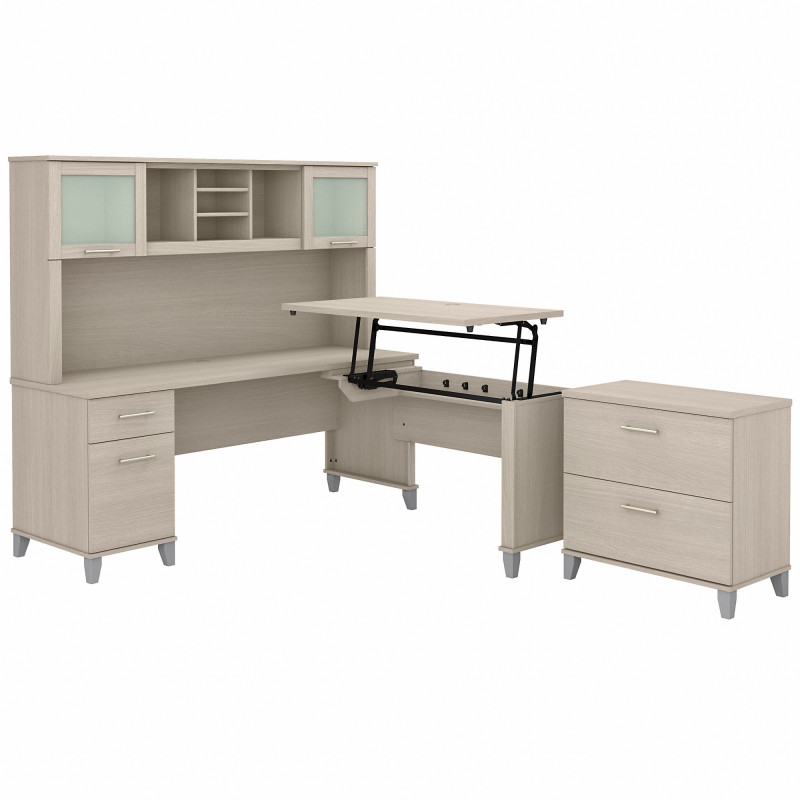 SET016SO Bush Furniture Somerset 72W 3 Position Sit to Stand L Shaped Desk with Hutch and File Cabinet in Sand Oak