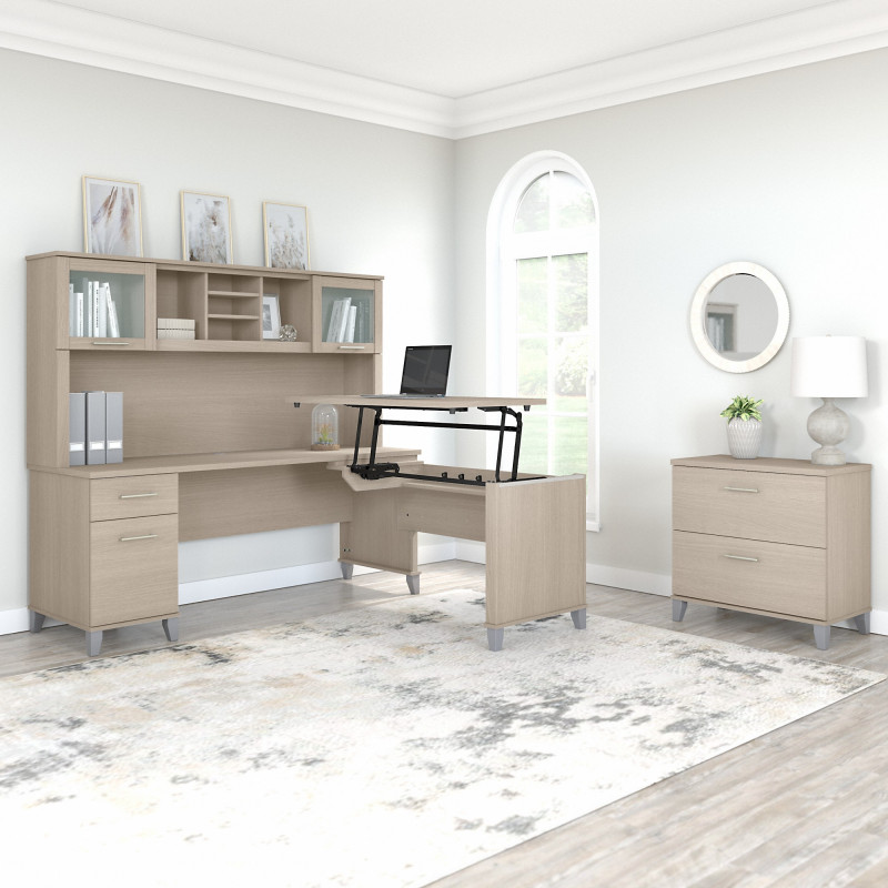 SET016SO Bush Furniture Somerset 72W 3 Position Sit to Stand L Shaped Desk with Hutch and File Cabinet in Sand Oak