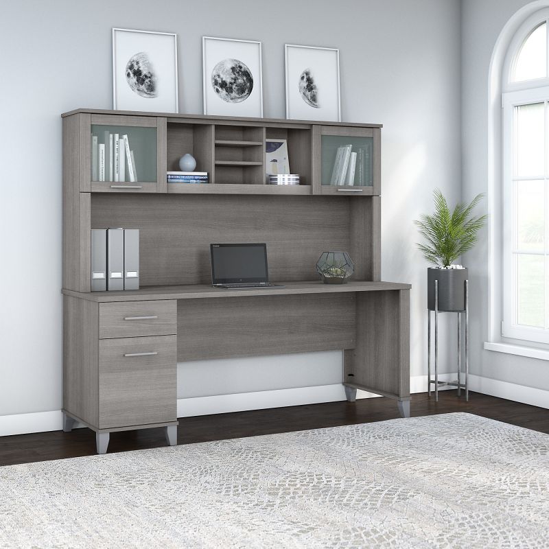 SET018PG 72W Office Desk with Drawers and Hutch in Platinum Gray