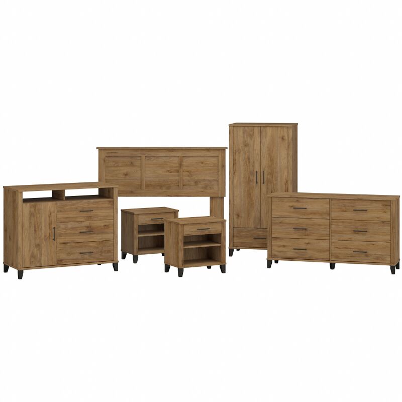 SET037FW Headboard, 6 Drawer Dresser, Nightstands, Armoire, and Media Chest