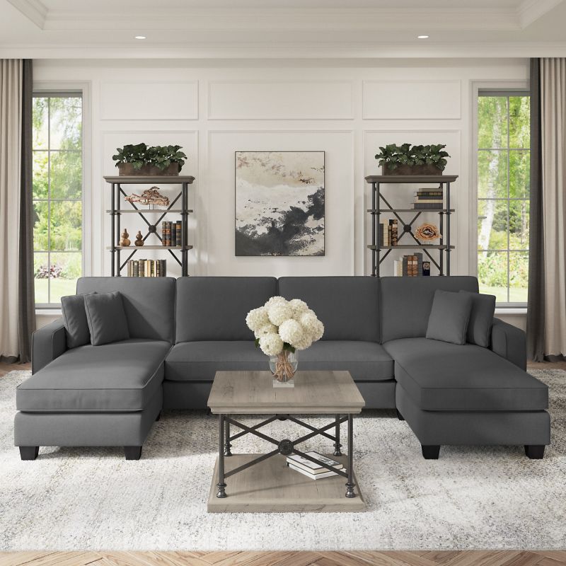 SNY130SCGH-03K Bush Furniture Stockton 130W Sectional Couch with Double Chaise Lounge in Charcoal Gray Herringbone