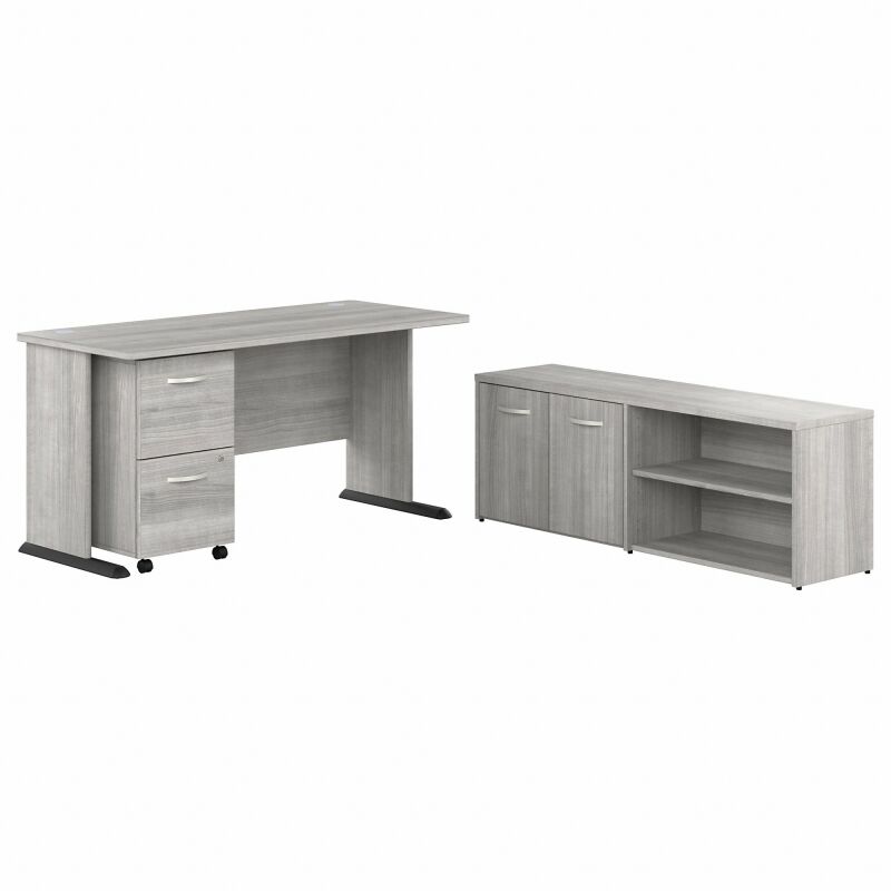 60W Desk with File and Low Storage Return Platinum Gray