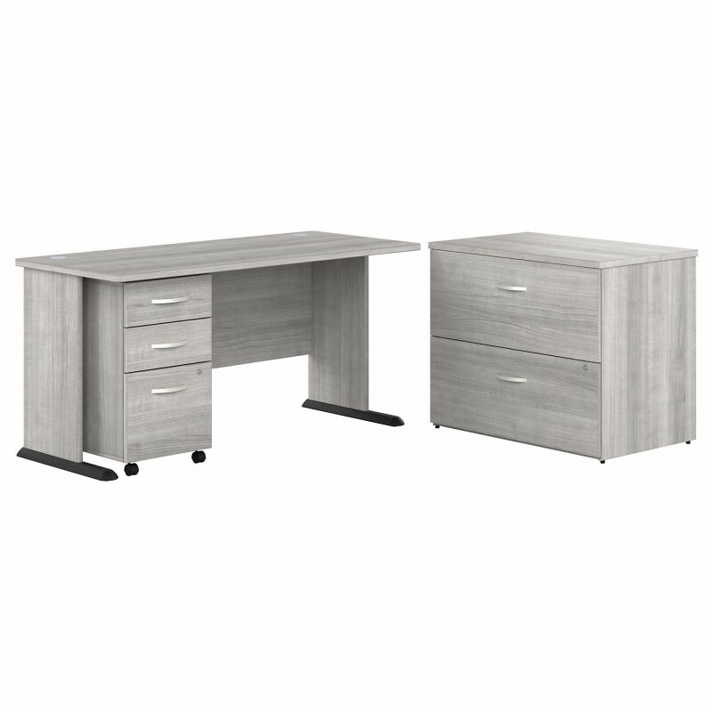 60W Desk with Lateral File and 3 Dwr Mbl Ped Platinum Gray