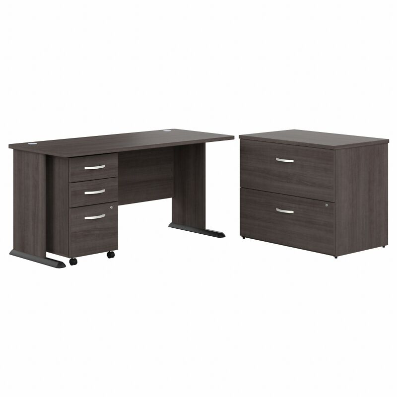 60W Desk with Lateral File and 3 Dwr Mbl Ped Storm Gray