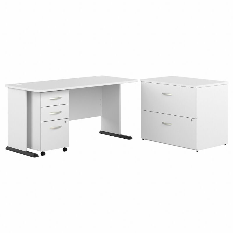 60W Desk with Lateral File and 3 Dwr Mbl Ped White