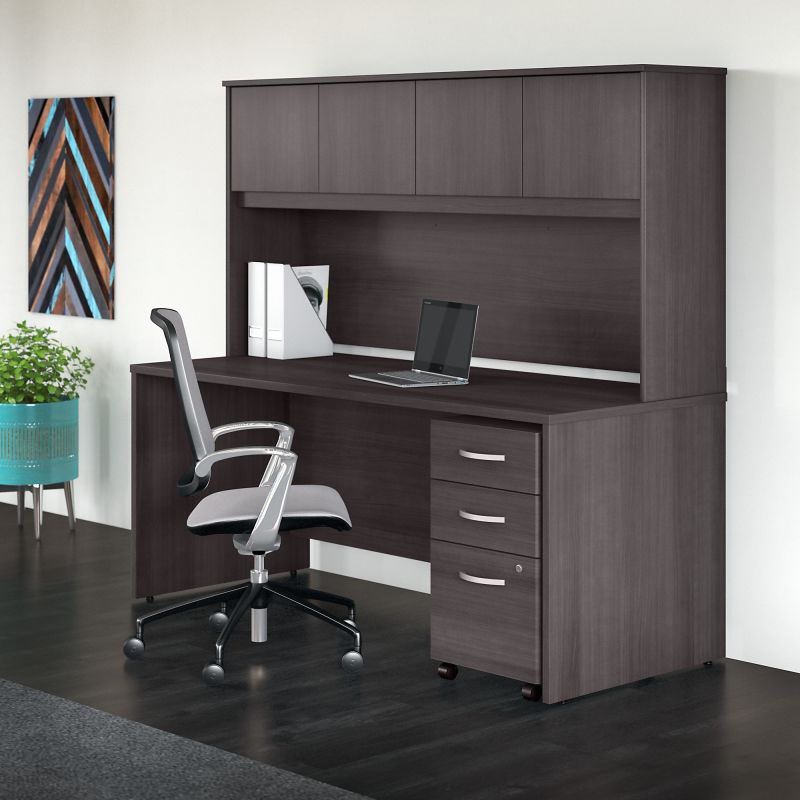 STC011SGSU 72W x 30D Desk with Hutch and 3 Drawer Mobile Pedestal