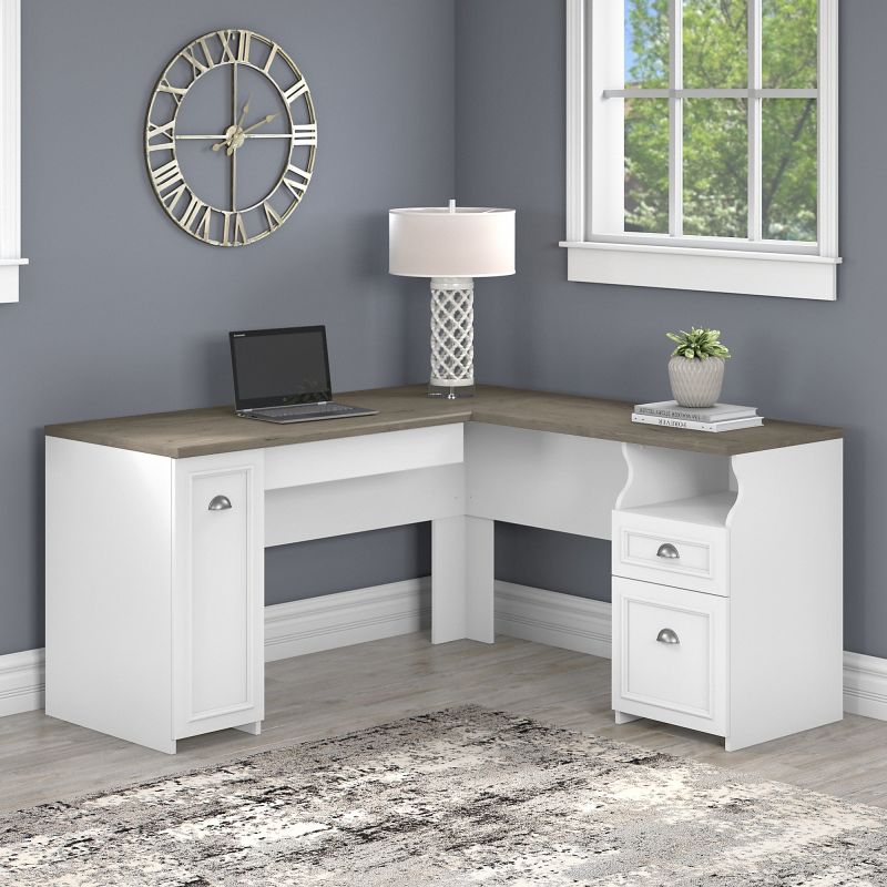 WC53630-03K Bush Furniture Fairview 60W L Shaped Desk with Drawers and Storage Cabinet in Pure White and Shiplap Gray