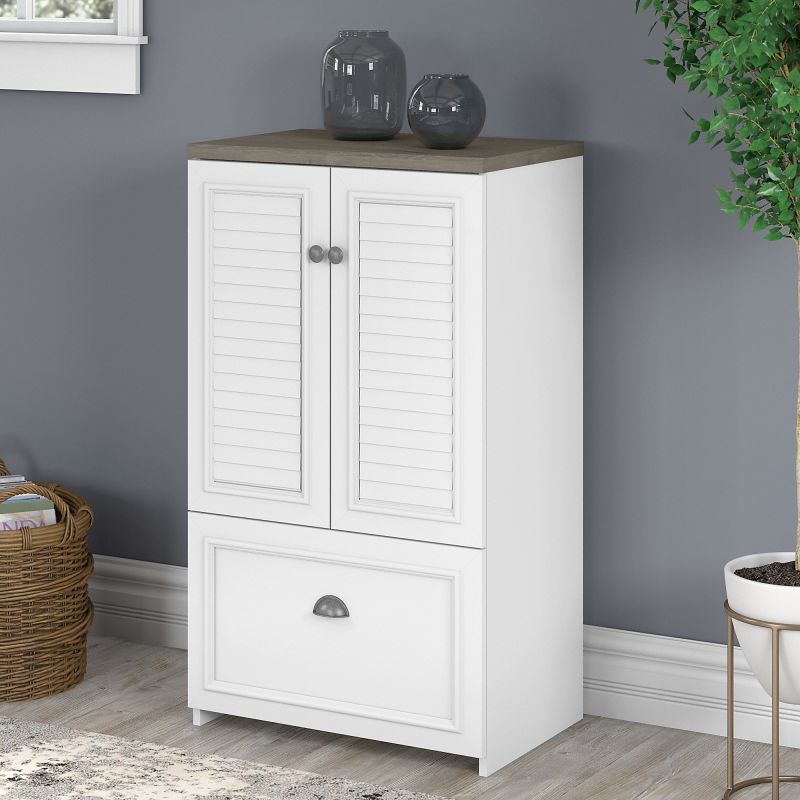 WC53680-03 Bush Furniture Fairview 2 Door Storage Cabinet with File Drawer in Pure White and Shiplap Gray
