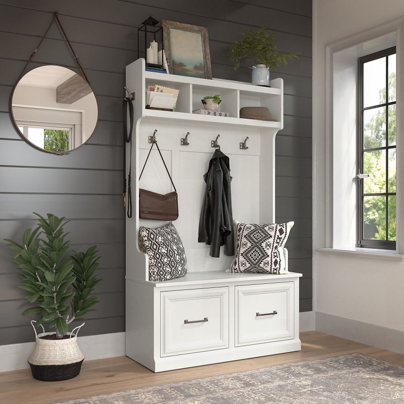 WDL001WAS Woodland 40W Hall Tree and Shoe Storage Bench with Doors in White Ash