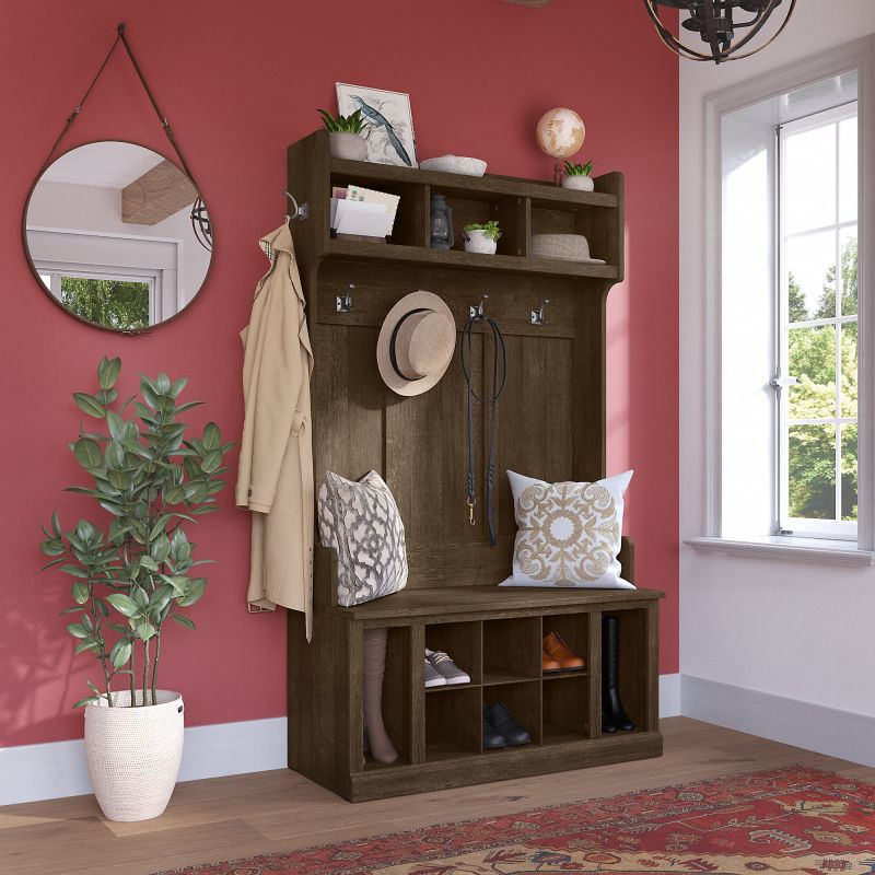 WDL002ABR Woodland 40W Hall Tree and Shoe Storage Bench with Shelves in Ash Brown