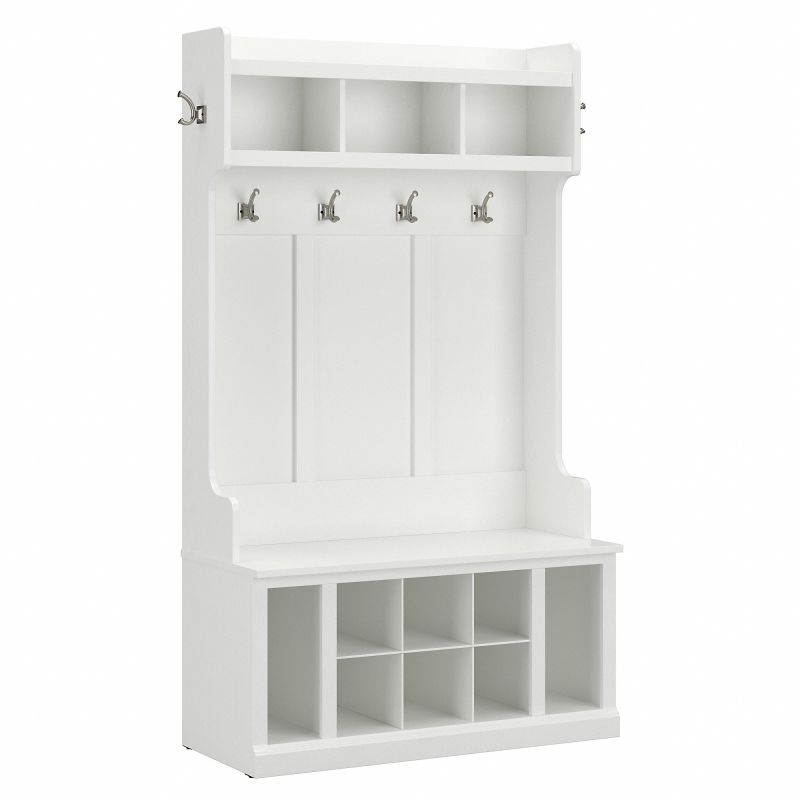 WDL002WAS Woodland 40W Hall Tree and Shoe Storage Bench with Shelves in White Ash