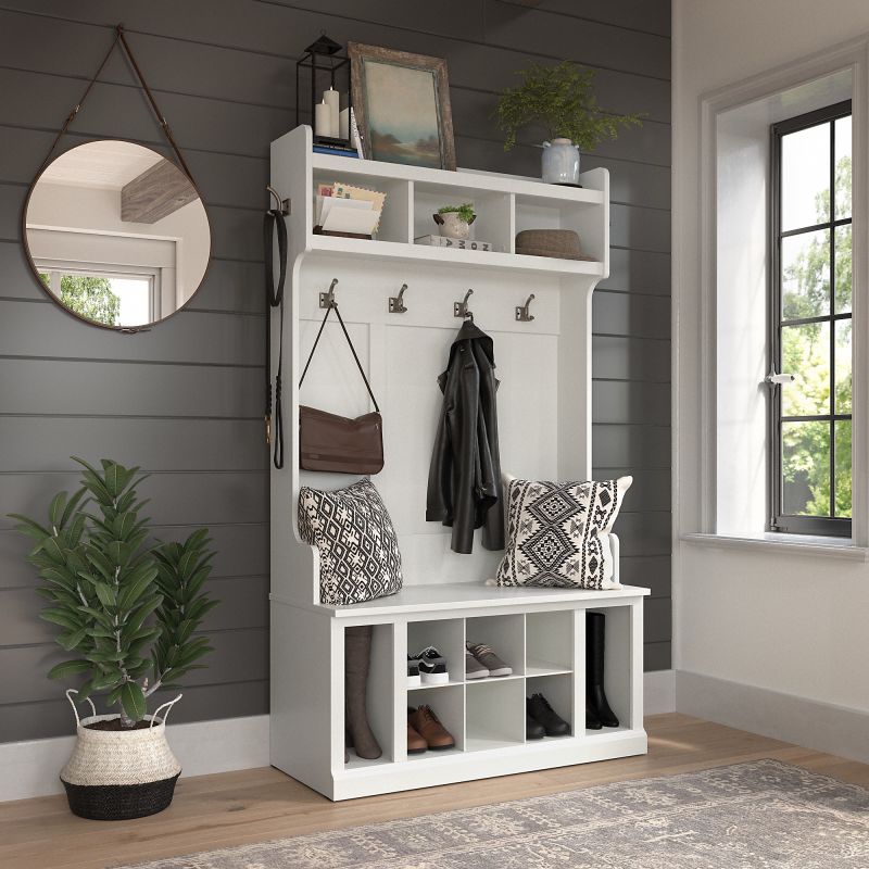 WDL002WAS Woodland 40W Hall Tree and Shoe Storage Bench with Shelves in White Ash