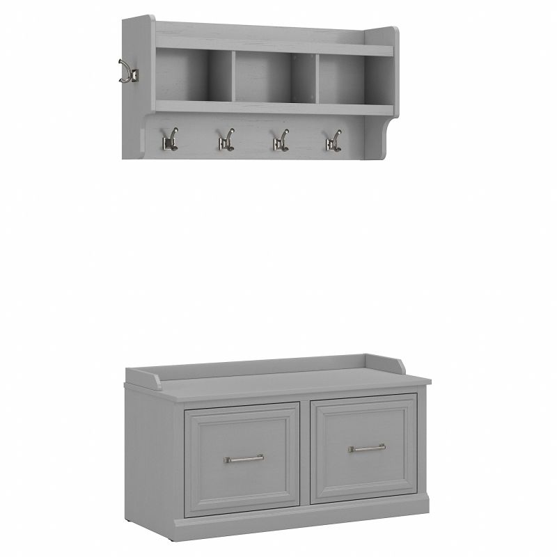 WDL003CG Woodland 40W Shoe Storage Bench with Doors and Wall Mounted Coat Rack in Cape Cod Gray