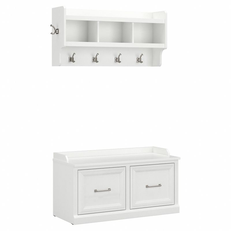 WDL003WAS Woodland 40W Shoe Storage Bench with Doors and Wall Mounted Coat Rack in White Ash