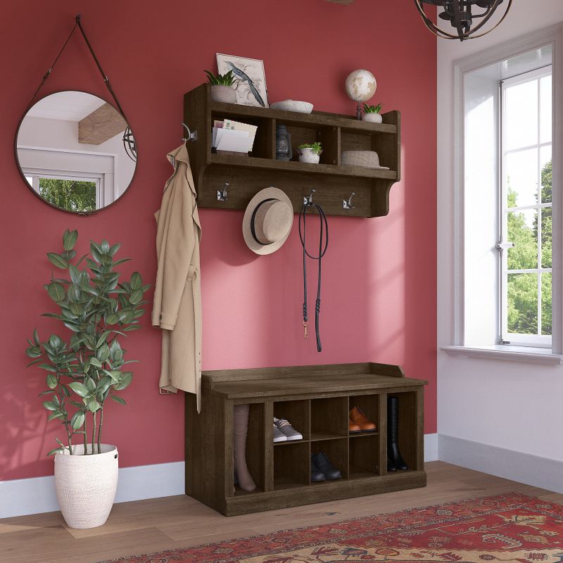 WDL004ABR Woodland 40W Shoe Storage Bench with Shelves and Wall Mounted Coat Rack in Ash Brown