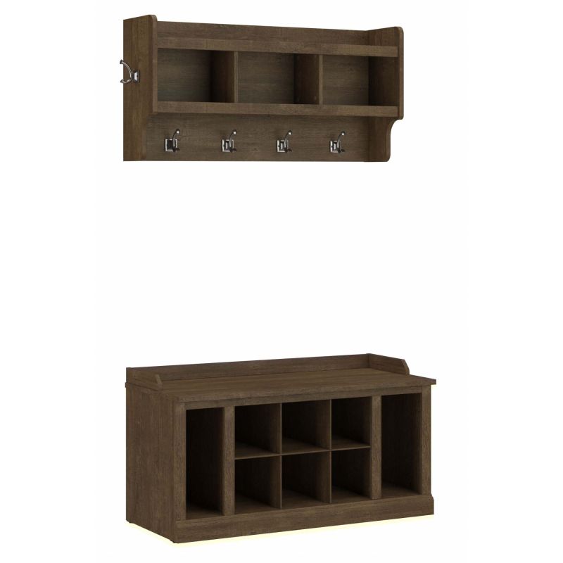 WDL004ABR Woodland 40W Shoe Storage Bench with Shelves and Wall Mounted Coat Rack in Ash Brown