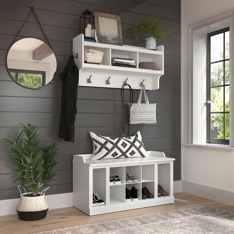WDL004WAS Woodland 40W Shoe Storage Bench with Shelves and Wall Mounted Coat Rack in White Ash