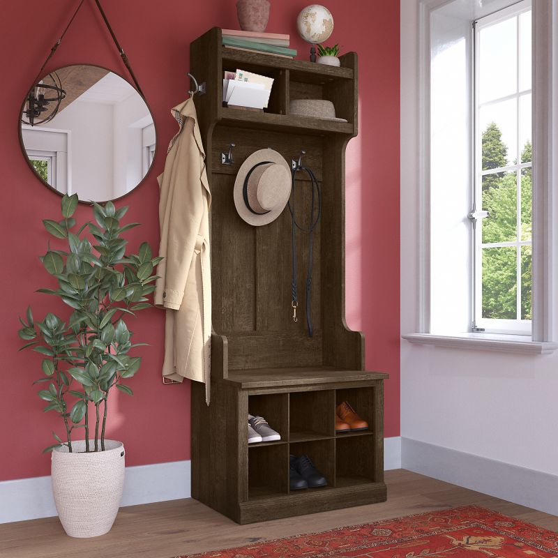 WDL008ABR Woodland 24W Hall Tree and Small Shoe Bench with Shelves in Ash Brown