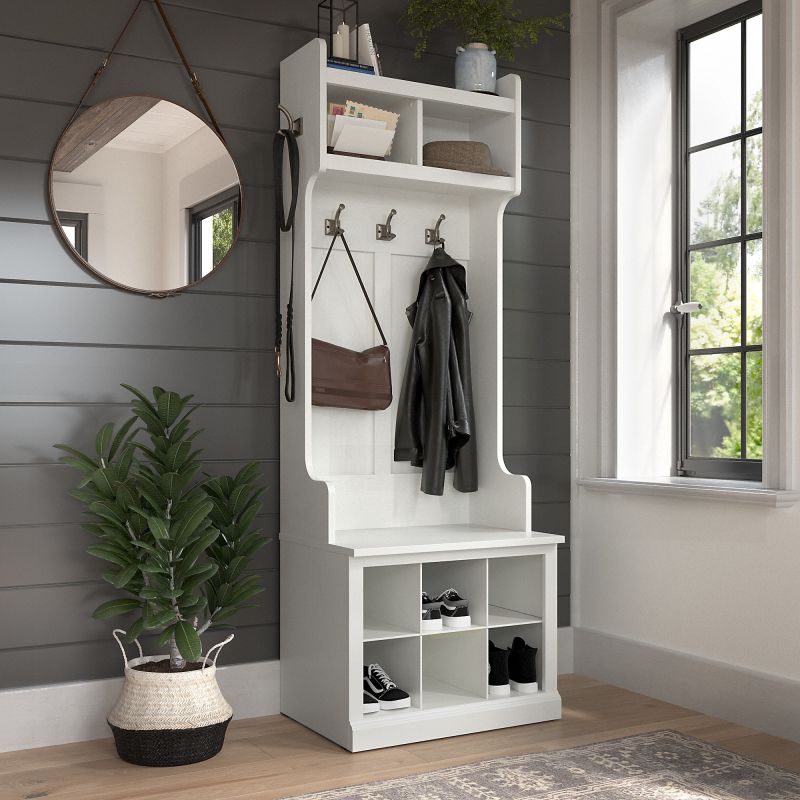 WDL008WAS Woodland 24W Hall Tree and Small Shoe Bench with Shelves in White Ash