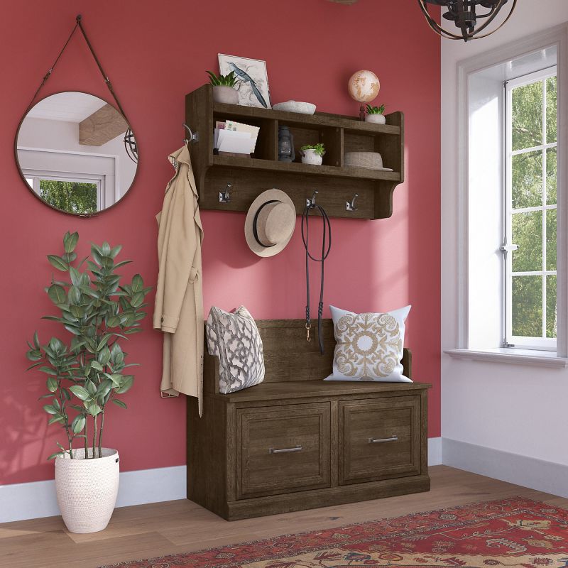 WDL009ABR Woodland 40W Entryway Bench with Doors and Wall Mounted Coat Rack in Ash Brown
