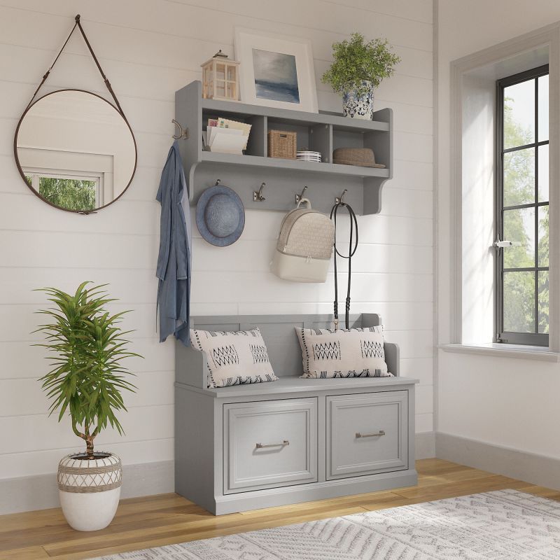 WDL009CG Woodland 40W Entryway Bench with Doors and Wall Mounted Coat Rack in Cape Cod Gray