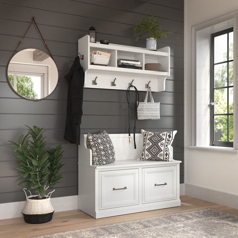 WDL009WAS Woodland 40W Entryway Bench with Doors and Wall Mounted Coat Rack in White Ash