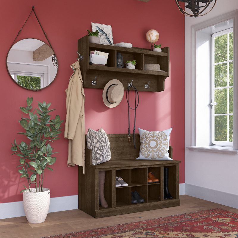 WDL010ABR Woodland 40W Entryway Bench with Shelves and Wall Mounted Coat Rack in Ash Brown