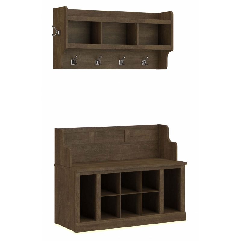 WDL010ABR Woodland 40W Entryway Bench with Shelves and Wall Mounted Coat Rack in Ash Brown