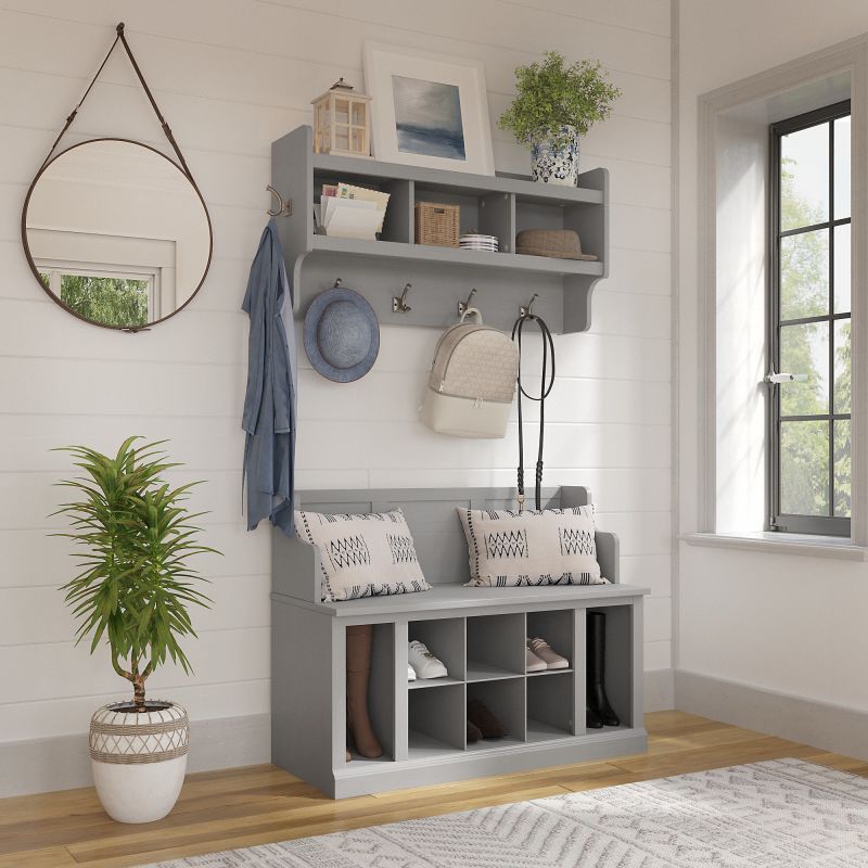 WDL010CG Woodland 40W Entryway Bench with Shelves and Wall Mounted Coat Rack in Cape Cod Gray
