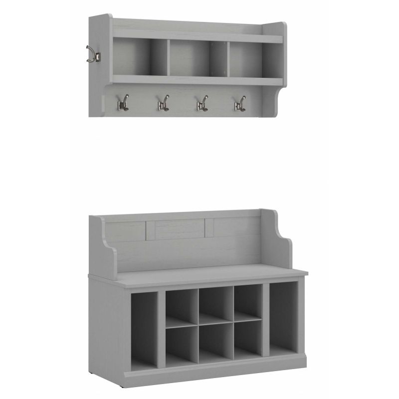 WDL010CG Woodland 40W Entryway Bench with Shelves and Wall Mounted Coat Rack in Cape Cod Gray