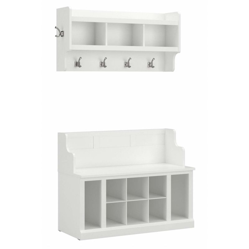 WDL010WAS Woodland 40W Entryway Bench with Shelves and Wall Mounted Coat Rack in White Ash