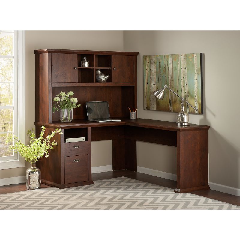 YRK001ANC L Shaped Desk with Hutch in Antique Cherry
