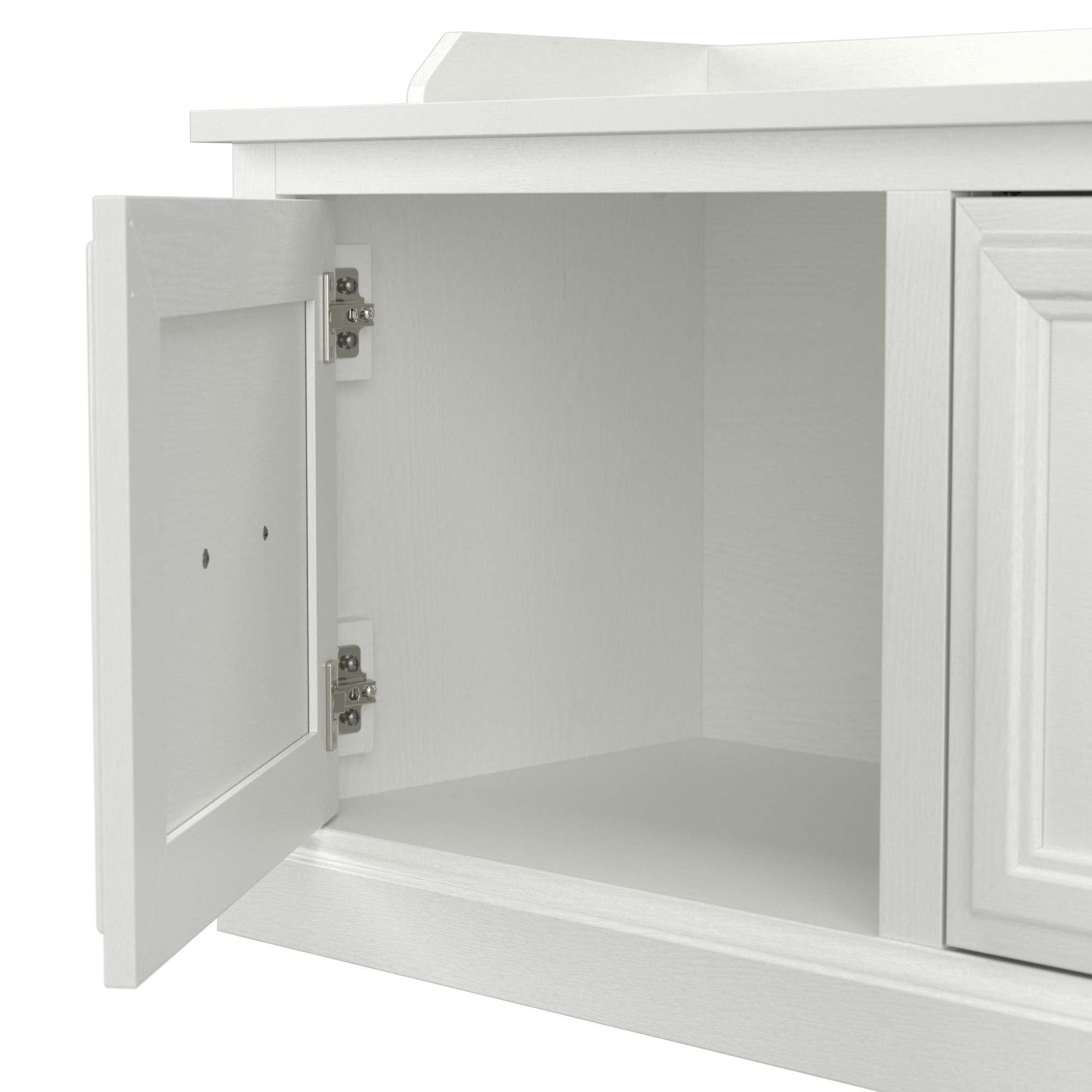 Kathy Ireland Home by Bush Furniture Woodland 40W Entryway Bench with Doors and Wall Mounted Coat Rack in White Ash
