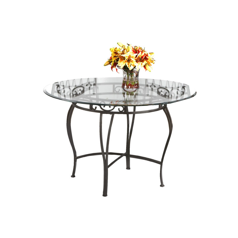 0710-DT Transitional Style Round Glass Top Dining Table w/ Wrought Iron Base